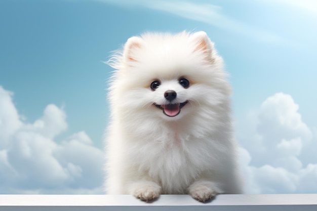 Foto lindo perro de pomerania en el fondo del cielo azul con nubes