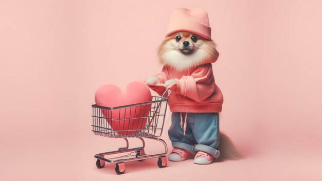 Foto lindo perro pomeraniano con carrito de compras y corazón en fondo rosa concepto del día de san valentín