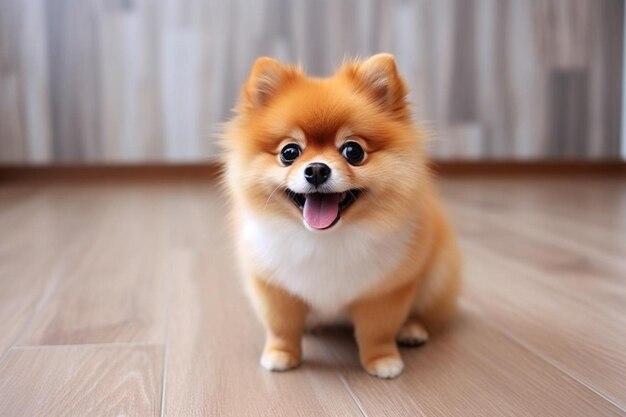 Un lindo perro pomeraniano con ojos divertidos sentado en el suelo