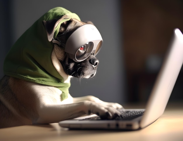 Lindo perro pug con capucha Concepto de hacker mascota ocupada o trabajo desde casa