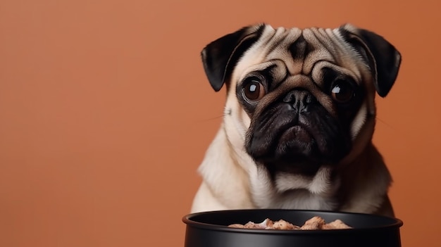 Lindo perro pug comiendo del tazón sobre fondo de color