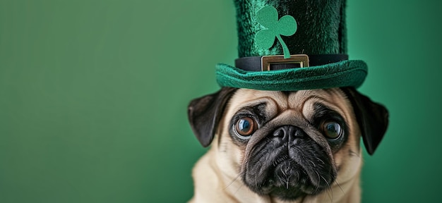 Lindo perro pug con sombrero verde de duende sobre un fondo verde 17 de marzo Feliz día de San Patricio