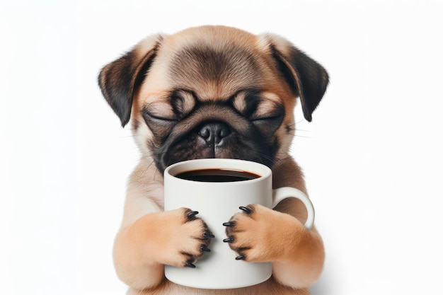 Foto un lindo perro pug somnoliento sosteniendo una taza de café aislado sobre un fondo blanco sólido