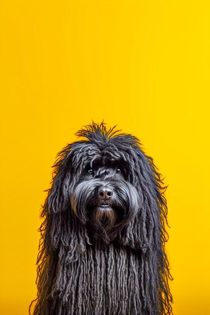 Lindo perro de raza puli húngara posa en el estudio