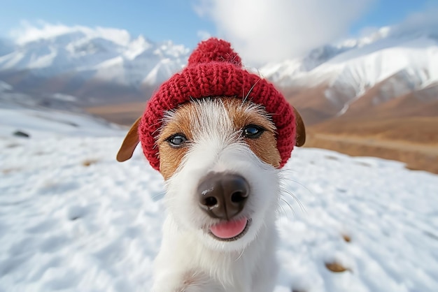 Un lindo perro con ropa de invierno y tomando selfies en la montaña