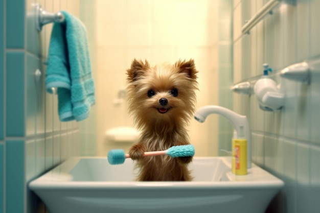 Lindo perro salchicha se baña en el baño AI generativa