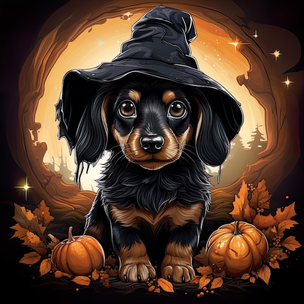 Un lindo perro salchicha con sombrero de Halloween y calabaza