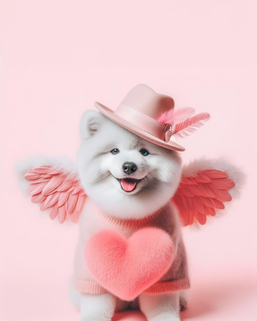 Lindo perro samoyedo con alas de ángel y corazón rojo sobre fondo rosa concepto del día de San Valentín