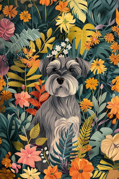 Lindo perro schnauzer en miniatura de sal y pimienta sentado entre plantas tropicales y flores en el bosque