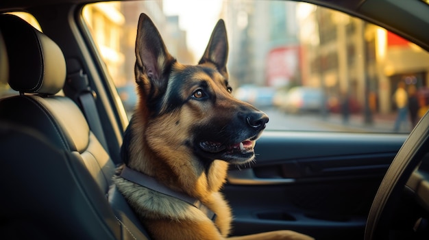 Lindo perro sentado en la cajuela de un auto Generado por IA
