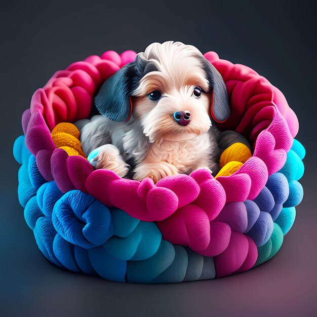 Lindo perro sentado en una cama para perros