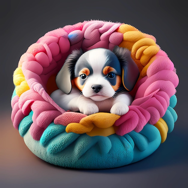 Lindo perro sentado en una cama para perros