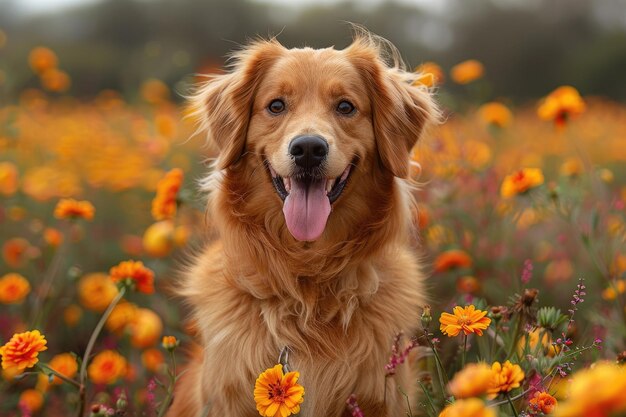 Un lindo perro sentado en un campo de flores con su lengua colgada