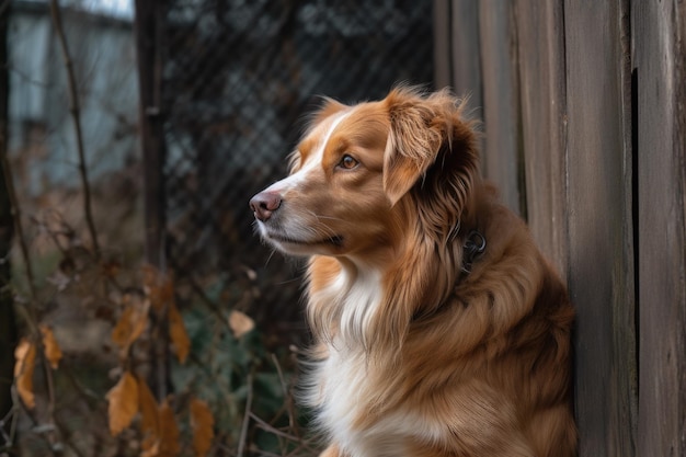 Un lindo perro sentado contra una valla de madera creada con IA generativa