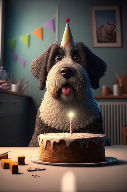 Lindo perro sentado frente a una torta de cumpleaños decoración de cumpleaños