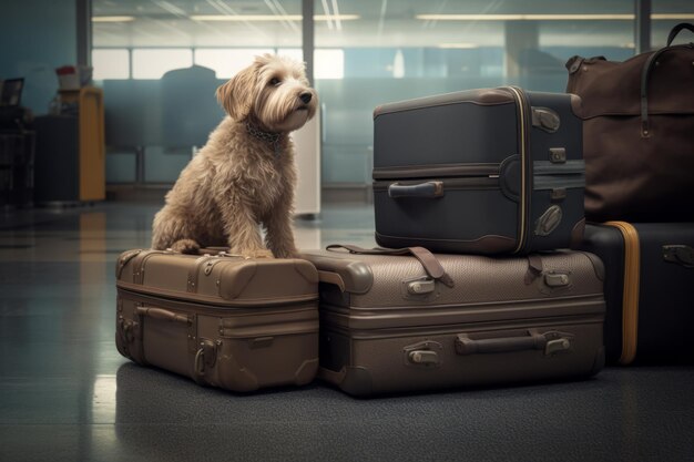 Lindo perro sentado en maletas en el interior del aeropuerto