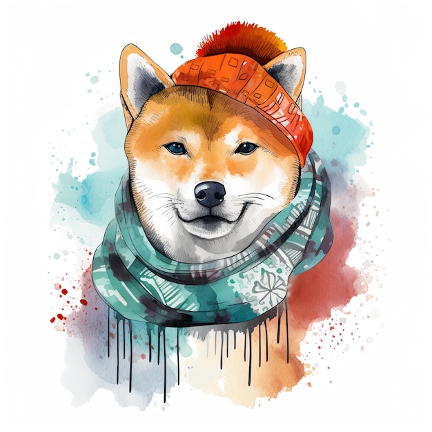 Lindo perro shiba inu con gorro de invierno y bufanda Ilustración generativa de IA