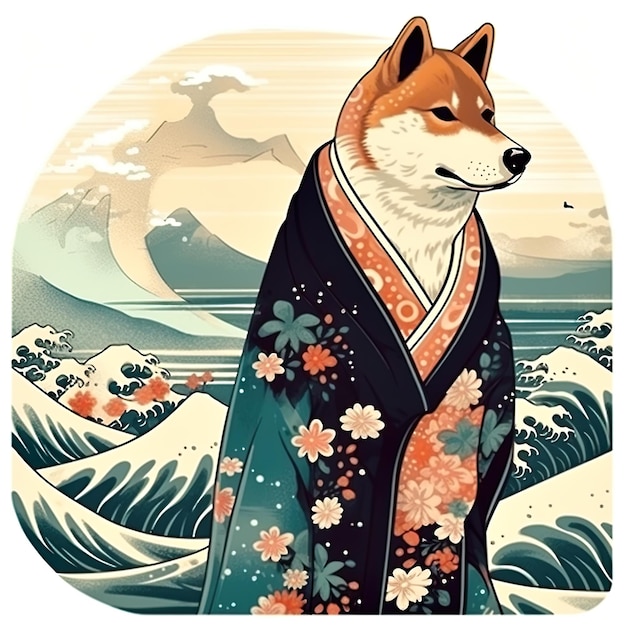 Lindo perro shiba inu en kimono con ondas Ilustración generativa de AI