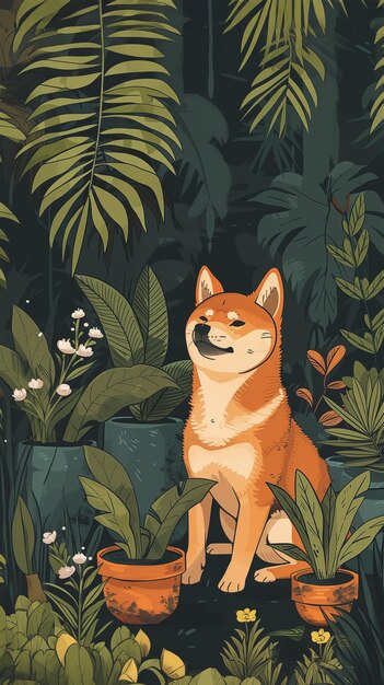 Foto un lindo perro shiba inu sentado entre plantas y flores tropicales en el bosque