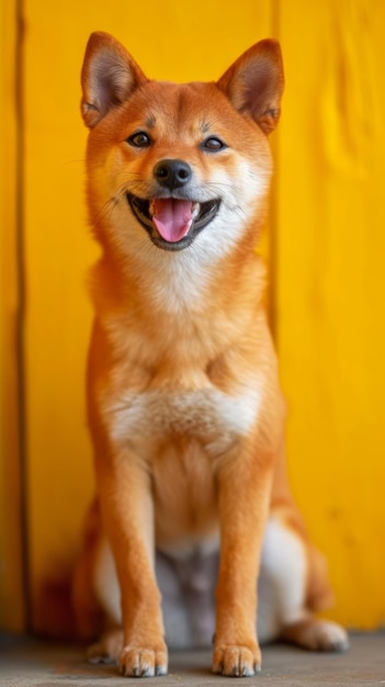Un lindo perro Shiba Inu se sienta frente a un fondo de madera amarilla