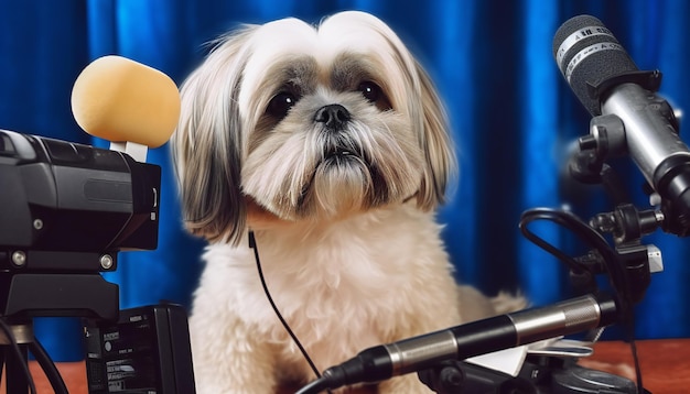 Lindo perro Shih Tzu con cámaras y micrófonos en frente Ilustración generativa de ai