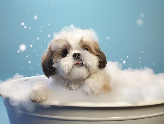 Foto lindo perro shihtzu en el baño con espuma aislada