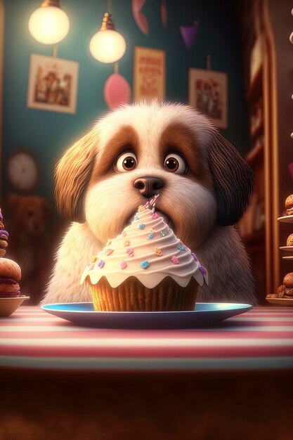 Lindo perro con un sombrero de cumpleaños a punto de comerse su pastel AIGenerated