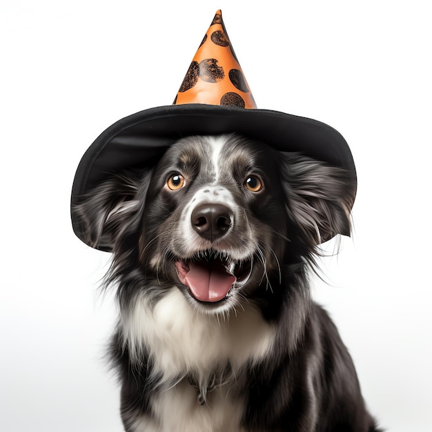 Lindo perro con sombrero de halloween aislado sobre fondo blanco