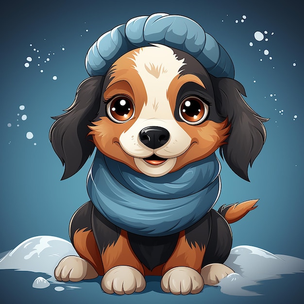 lindo perro con sombrero de invierno y bufanda retrato de Navidad papel tapiz de fondo de dibujos animados