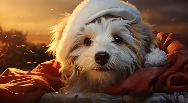 lindo perro con sombrero de Papá Noel fondo de pantalla de retrato de Navidad