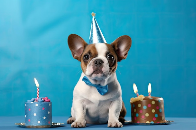 Lindo perro soplando velas mientras usa un sombrero de fiesta con espacio para copiar a un lado y un fondo azul