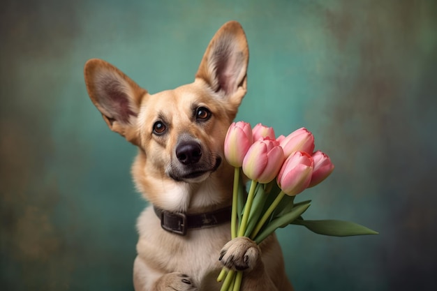 Lindo perro sosteniendo flores IA generativa