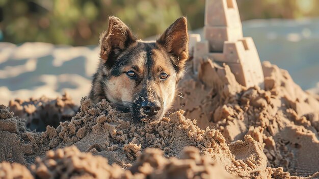 Foto un lindo perro está tendido en la arena junto a un castillo de arena el perro tiene un abrigo marrón y negro y está mirando a la cámara