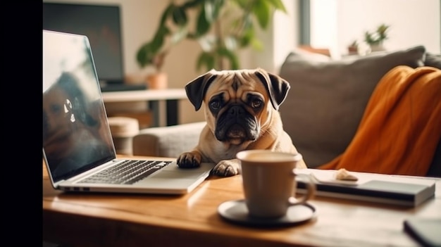 Lindo perro trabajando en una computadora portátil con una imagen de una taza de café Arte generado por IA