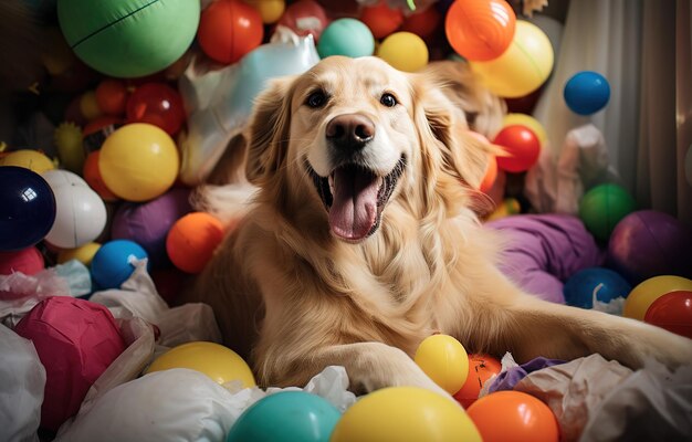 Lindo perro con varios accesorios para mascotas en casa