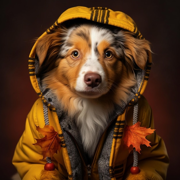 Lindo perro vestido con ropa de invierno listo para la temporada de otoño