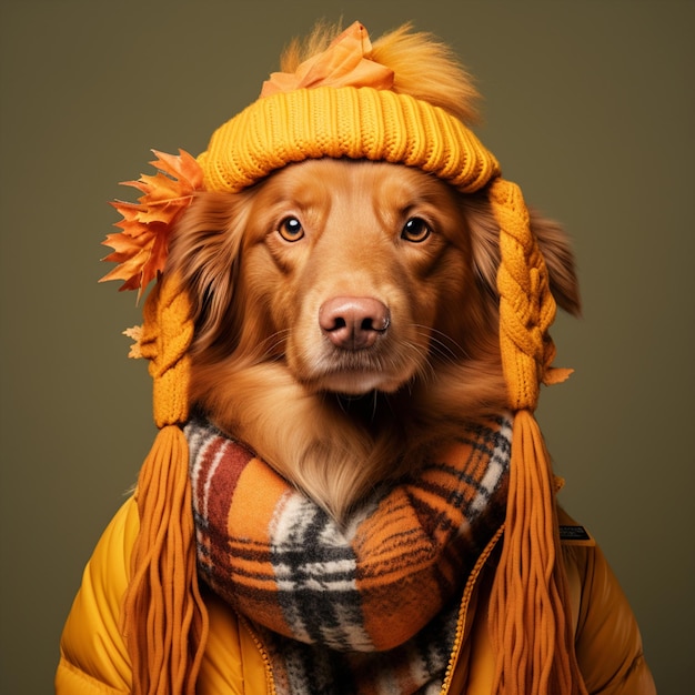 Lindo perro vestido con ropa de invierno listo para la temporada de otoño