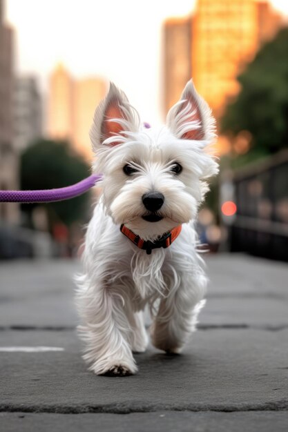 Un lindo perro Westie en una correa disfrutando de un paseo al atardecer en la ciudad con una luz cálida que arroja un resplandor en su