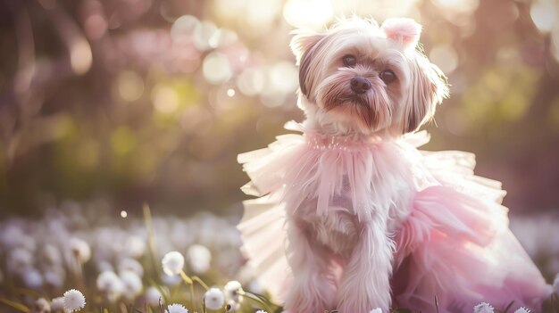 Foto un lindo perro yorkshire terrier con un vestido rosado está sentado en un campo de flores blancas