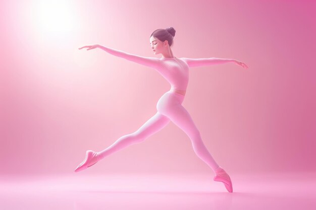 Un lindo personaje 3D realizando una pose de ballet en un traje rosa claro contra un vibrante fondo de gradiente pastel