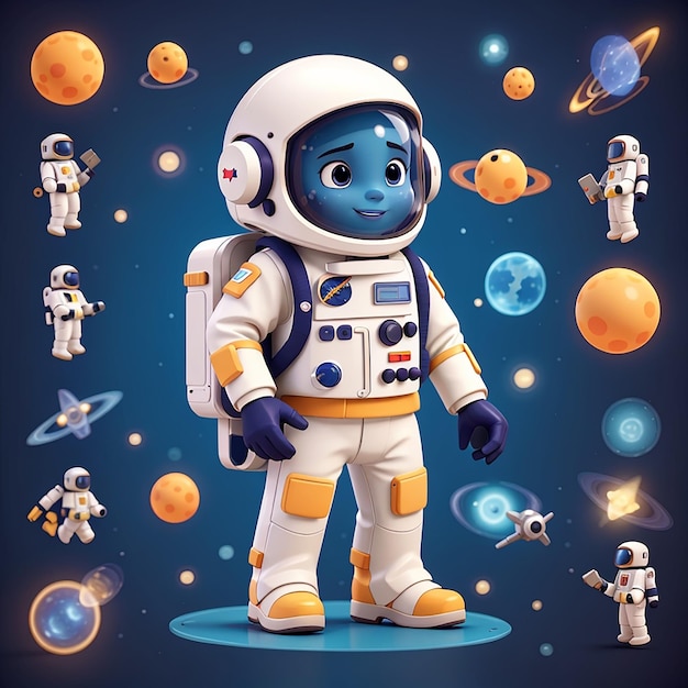 Lindo personaje de acción astronauta superhéroe de dibujos animados icono vectorial ilustración ciencia tecnología plana