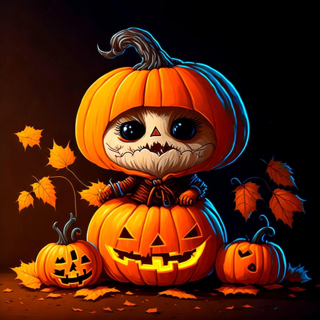 Lindo personaje de calabaza en el paisaje de Halloween