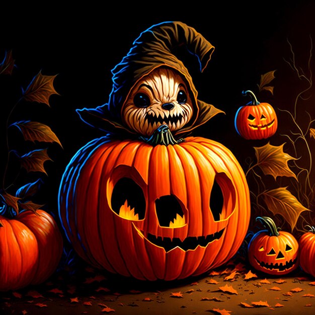 Lindo personaje de calabaza en el paisaje de Halloween