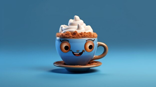 Lindo personaje de capuchino de dibujos animados sobre un fondo azul IA generativa