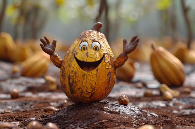 El lindo personaje de la caricatura sonriente grano de cacao agita sus manos y saluda ilustración 3d