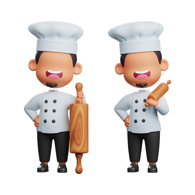 Foto lindo personaje de chef sosteniendo un rodillo de madera renderizado 3d