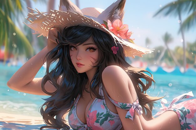 Lindo personaje de chica anime cuerpo sexy bikini ambiente de verano piscina