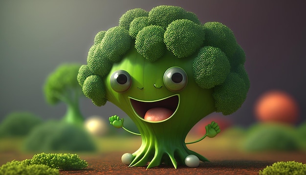 Lindo personaje de dibujos animados en 3D de brócoli AI generativa