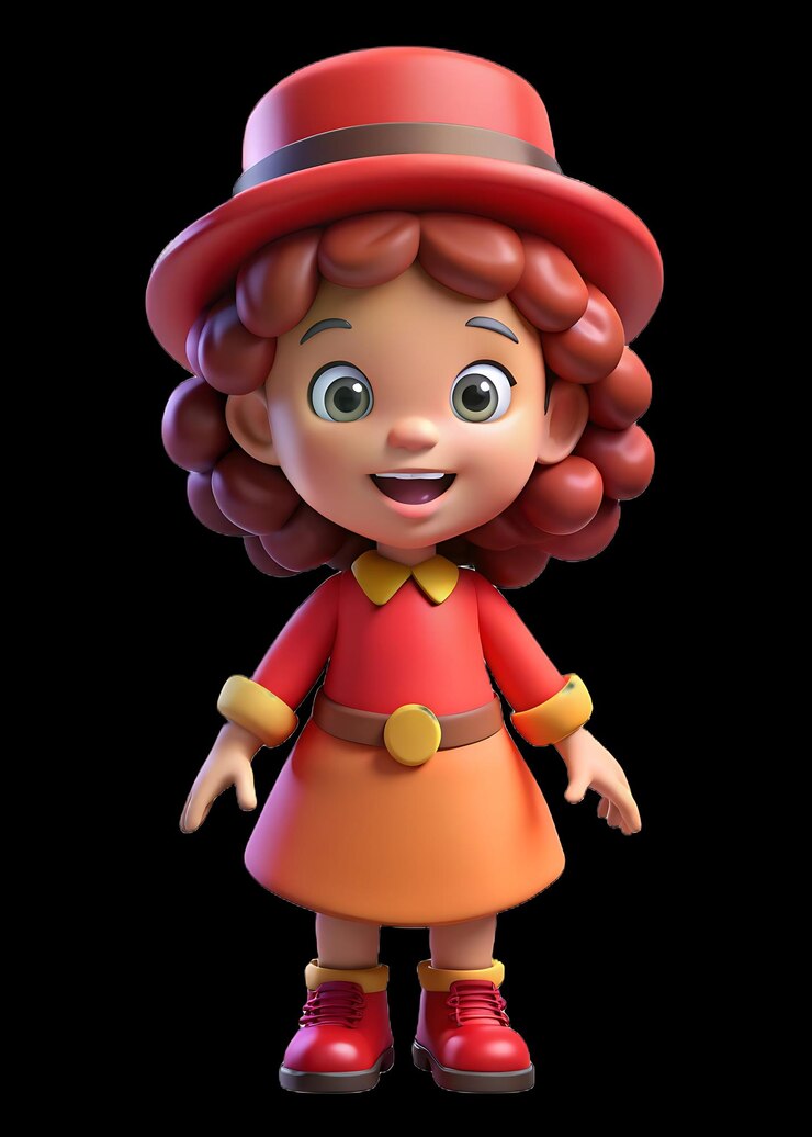 Foto lindo personaje de dibujos animados en 3d con vestido rojo y sombrero ilustración de niño adorable con cabello rizado