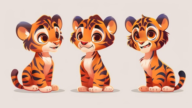 Un lindo personaje de dibujos animados de un cachorro de tigre cazando furtivamente y rugiendo Una mascota de animal graciosa con los brazos levantados Un gatito salvaje Kawaii con piel a rayas y un hocico sonriente moderno